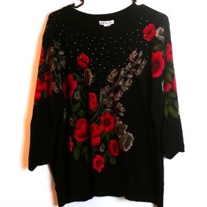 C.D.Daniels Light Sweater Black with Red Rose's Size 3X